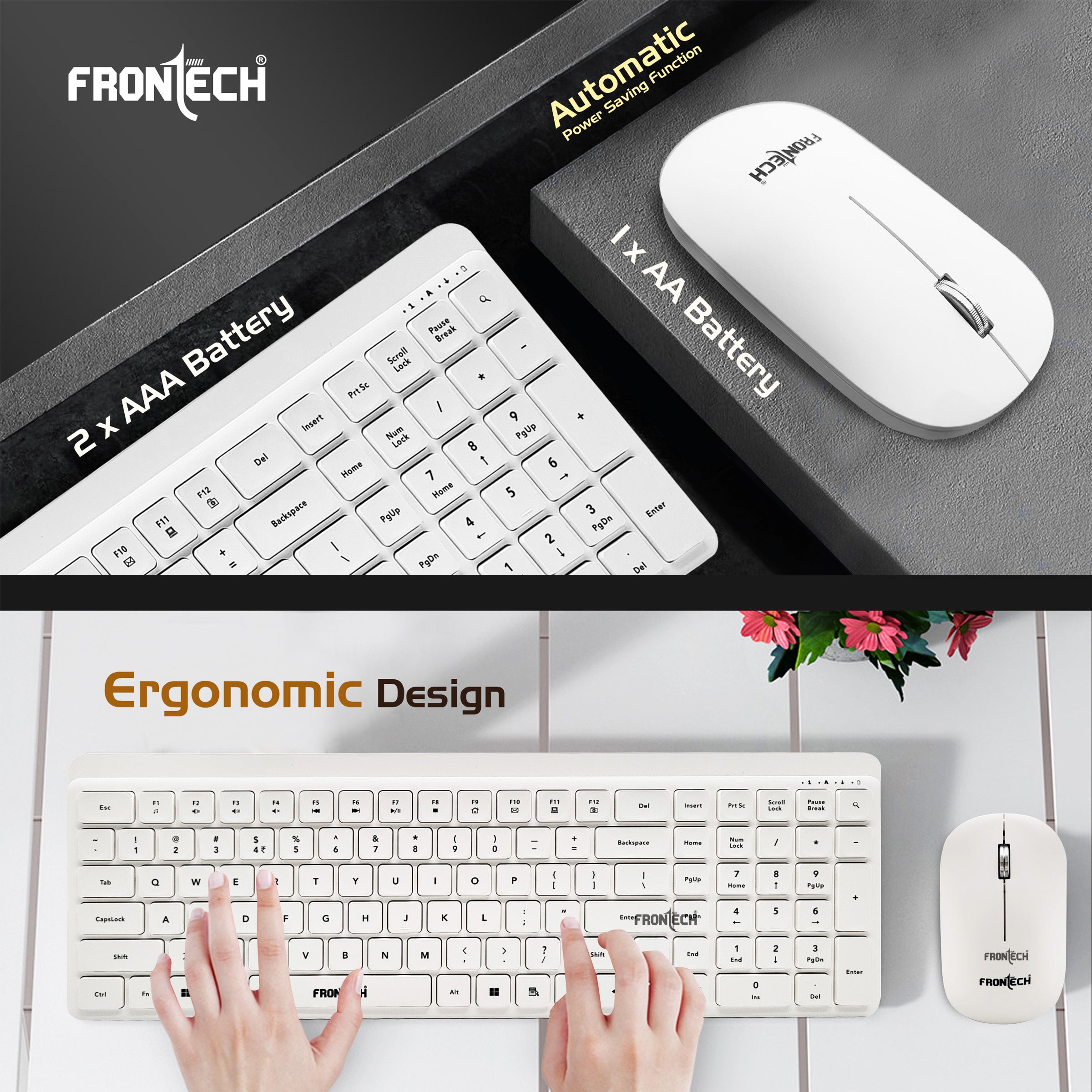 Frontech Wireless Keyboard & Mouse Combo–2.4GHz, 106 keys, 3200 DPI mouse, power-saving design, 3-year warranty, White (KB-0030P) Frontech Wireless Keyboard & Mouse Combo–2.4GHz, 106 keys, 3200 DPI mouse, power-saving design, 3-year warranty, White (KB-0030P)